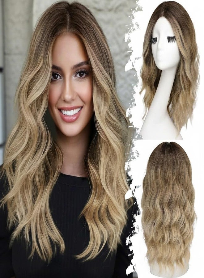 Eawwii Brown to Blonde Long Wavy Wig for Women, Pre-Cut HD Lace Natural Hairline, Glueless Middle Part, Synthetic Fiber for Daily and Party Use 18Inch - Image 1